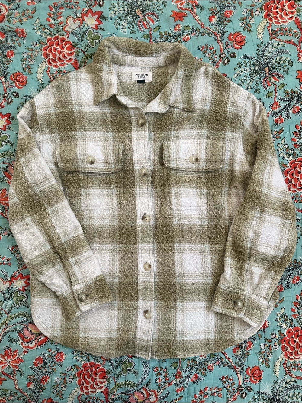 American Eagle Outfitters Olive and White Plaid Button-Down Shirt